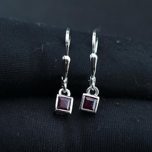 Natural Ruby Earrings, Square Bezel Lever back, Sterling Silver or 14k Gold, July Birthstone, Deep Red Drop, Secure Dangle