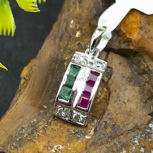 Natural Emerald Ruby and Diamond Pendant in 14K Gold, 9K Gold, or 925 Silver, Art Deco Geometric Charm, Multi Birthstone Family Necklace