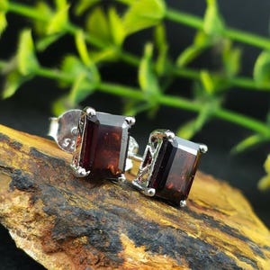 Natural Garnet Earrings, Emerald Cut Studs, Sterling Silver or 14k Gold, January Birthstone, Dark Red Rectangle Gemstone, Vintage Style