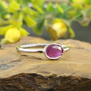 Natural Ruby Ring, East West Oval Bezel, Sterling Silver or 14k Gold, July Birthstone, Horizontal Red Gemstone, Minimalist Stacking