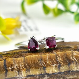 Natural Ruby Toi et Moi Ring in 14K Gold, 9K Gold, or 925 Silver, Pear and Square Two Stone Engagement Ring, July Birthstone
