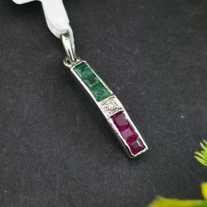 Natural Emerald Ruby and Diamond Pendant in 14K Gold, 9K Gold, or 925 Silver, Vertical Bar Channel Set Charm, Geometric Multi Gemstone
