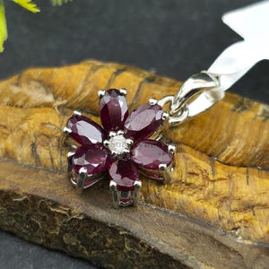 Natural Ruby and Diamond Flower Pendant in 14K Gold, 9K Gold, or 925 Silver, Floral Blossom Necklace Charm, Romantic July Birthstone