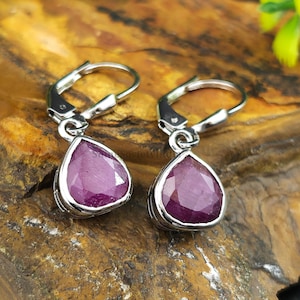 Natural Ruby Teardrop Earrings in 925 Sterling Silver, Pear Cut Bezel Lever back Drops, Boho July Birthstone Dangle Jewelry