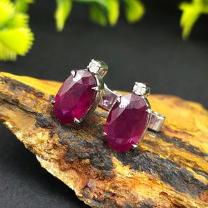 Natural Ruby Gemstone Stud Earrings With Real Diamond 925 Sterling Silver Handmade Jewelry For Her