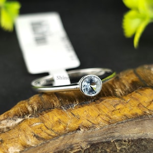 Natural Aquamarine Bezel Ring in 925 Sterling Silver, Round Cut Minimalist Solitaire, Dainty March Birthstone Stacking Jewelry