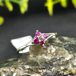 Natural Ruby Diamond Flower Ring 925 Silver July Birthday Mothers Day Anniversary Gift