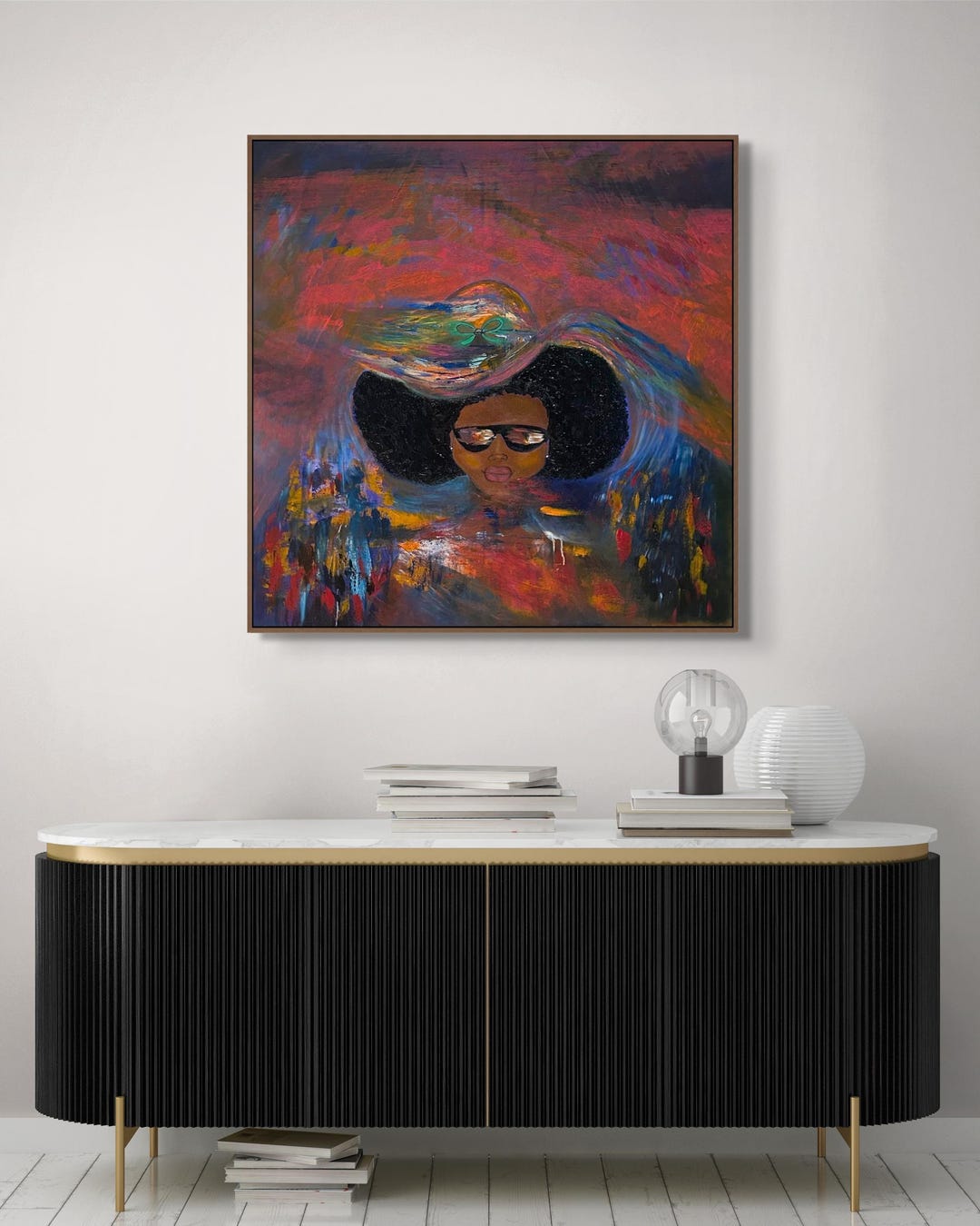 Original Abstract Black Woman Portrait, Colorful Surrealism Wall Art ...