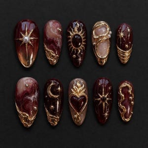 Burgundy Celestial Sacred Heart Press On Nails, 3D Gold Chrome Sun & Moon Gel Nails, Dark Academia Wine Red Fake Nails, Gothic Luxury Nails