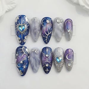 Celestial Heart Press On Nails, 3D Silver Chrome Galaxy Gel Nails, Blue Purple Nebula Fake Nails, Witchy Sun Moon Crystal Press Ons