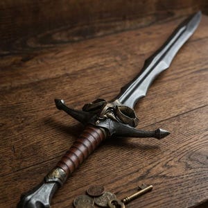 Pode incluir: Uma espada detalhada em estilo antigo com uma lâmina escura e uma guarda ornamentada. A guarda apresenta uma pega envolta em couro castanho e uma guarda decorativa de cor bronze. Algumas moedas antigas e uma chave são colocadas perto da espada numa superfície de madeira.