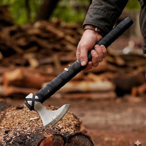 Könnte beinhalten: Eine silberne und schwarze Axt mit gewickeltem Griff. Der Axtkopf ist silberfarben mit einer gebogenen Klinge. Der Griff ist mit schwarzem Material umwickelt. Die Axt liegt auf einem Holzstück.