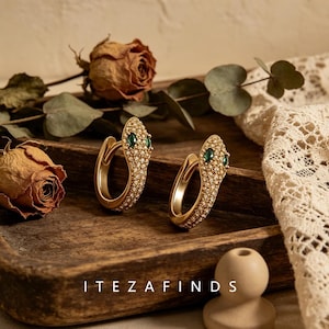gold snake hoop earrings green eye cubic zirconia serpent earrings for women