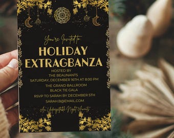 Invito alla festa di Natale in nero e oro modificabile / Modello digitale per festa di gala con cravatta