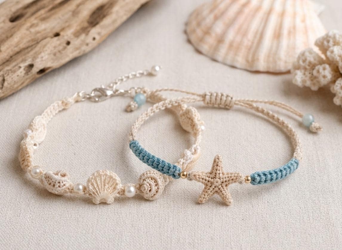 Handmade Crochet Coastal Bracelet Set | Seashell & Starfish Beach