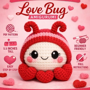 May include: A crocheted amigurumi Love Bug, approximately 5.5 inches tall, with a red and pink striped hat and heart-shaped feet. The image includes text that says "Love Bug Amigurumi", "PDF Pattern", "Beginner Friendly", and "Easy Step by Step".