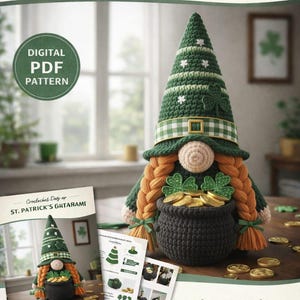 May include: A crochet pattern for a St. Patrick's Day gnome. The gnome has a green hat with white accents, orange braids, and a pot of gold. The image includes a digital PDF pattern and the text "Lucky Leprechaun".