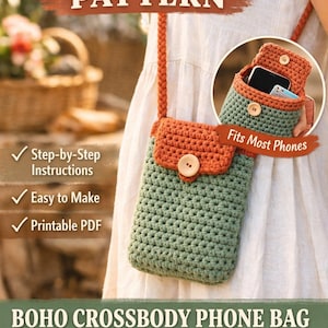 Op de afbeelding: Een haakpatroon voor een boho crossbody telefoontas. De tas is groen met een oranje flap en band, vastgezet met een houten knoop. De afbeelding bevat de tekst "CROCHET PATTERN", "Step-by-Step Instructions", "Easy to Make" en "Printable PDF".