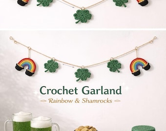 May include: A crochet garland with rainbows and shamrocks. The garland is made of colourful yarn and features a rainbow with red, orange, yellow, green, blue, and purple arches. Green shamrocks are also included. The text "Crochet Garland - Rainbow & Shamrocks" is visible.