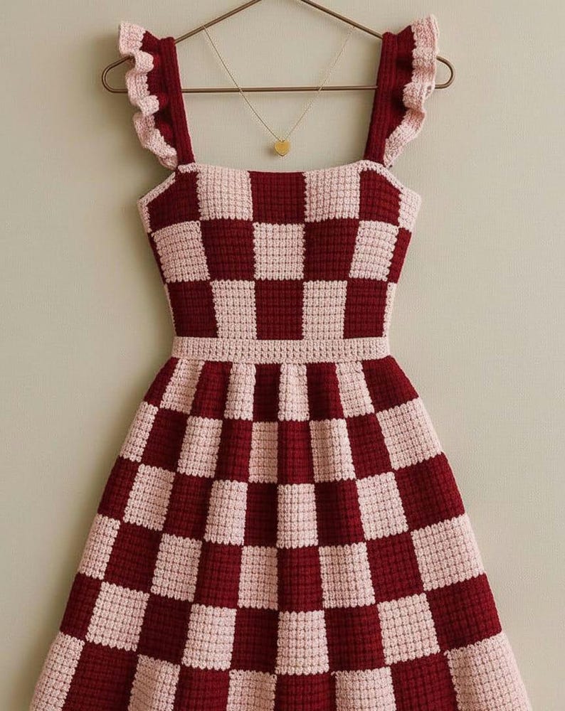 May include: A handmade crochet dress in a checkerboard pattern of burgundy and light pink. The dress features ruffled straps and a fitted bodice that flares into a skirt. A gold heart pendant hangs from a delicate chain.