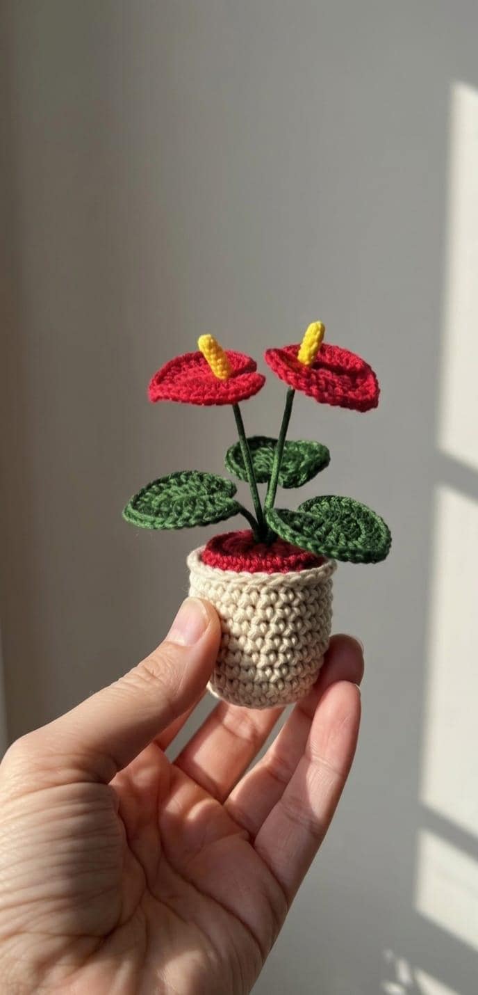 Tiny Crochet Potted Plant Pattern Handmade Anthurium