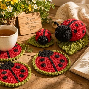 Crochet Ladybug Coaster & Amigurumi Pattern | Leaf Base Set (PDF Download)