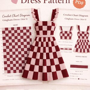 May include: A crochet gingham dress pattern with a PDF download option. The dress is a size S, featuring a checkerboard design in burgundy and blush pink. The image includes a diagram and the words "Printable", "Step-by-Step", and "Women's Sizes".