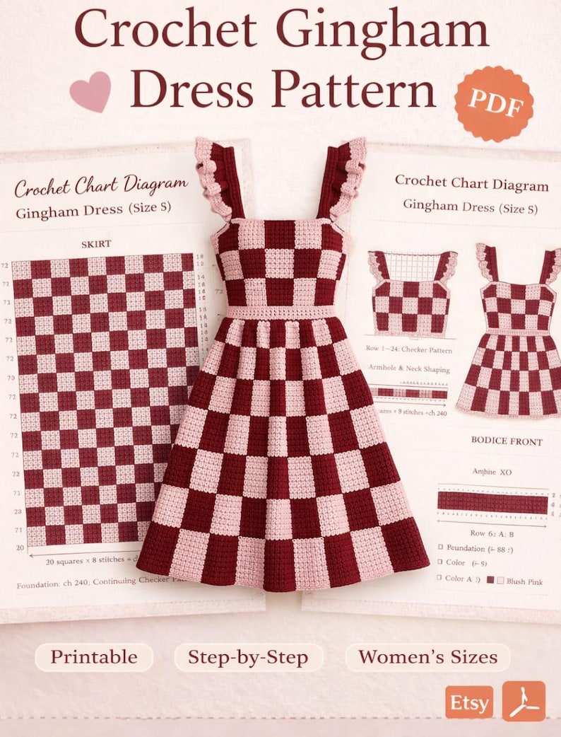 May include: A crochet gingham dress pattern with a PDF download option. The dress is a size S, featuring a checkerboard design in burgundy and blush pink. The image includes a diagram and the words "Printable", "Step-by-Step", and "Women's Sizes".