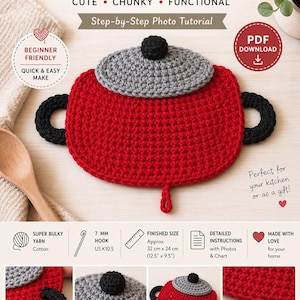 May include: A red and gray crocheted pot trivet in the shape of a teapot. The trivet is approximately 12.5 inches by 9.5 inches. The image includes text that says "Pot Trivet" and "Handmade with Love".