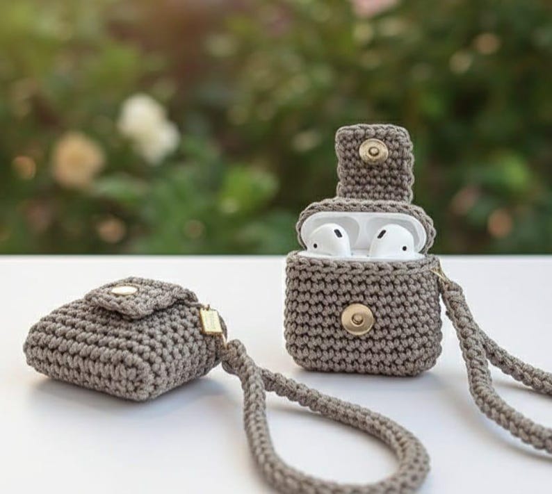 May include: Two crocheted AirPod cases in a neutral gray color. One case is open, revealing white earbuds, and the other is closed. Both cases have a button closure and a matching wrist strap. The background is blurred.