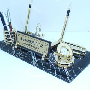 Personalized MDF Executive Desk Set with Name Plate Clock Pen Holder and Card HolderA stylish and luxury office gift for professionals.