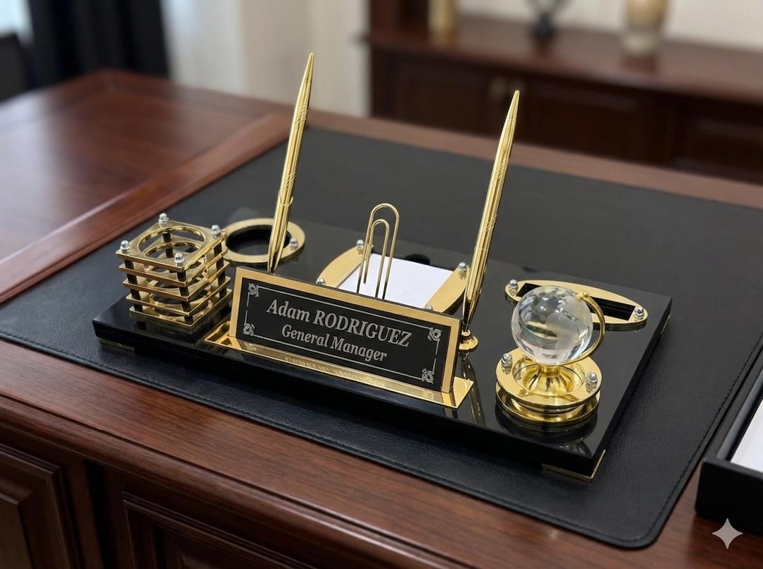 Personalized MDF Executive Desk Set With Name Plate Globe Pen Holder ...