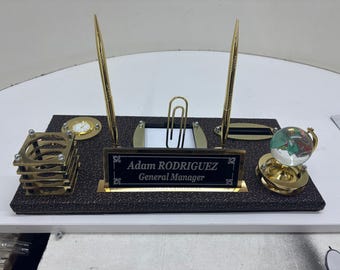 Personalized MDF executive desk set with leather covering, name plate, pen holder and card holder. Luxury office gift for professionals.