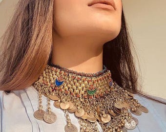 ヴィンテージ ハスリ チョーカー：パール付きトライバル アフガン