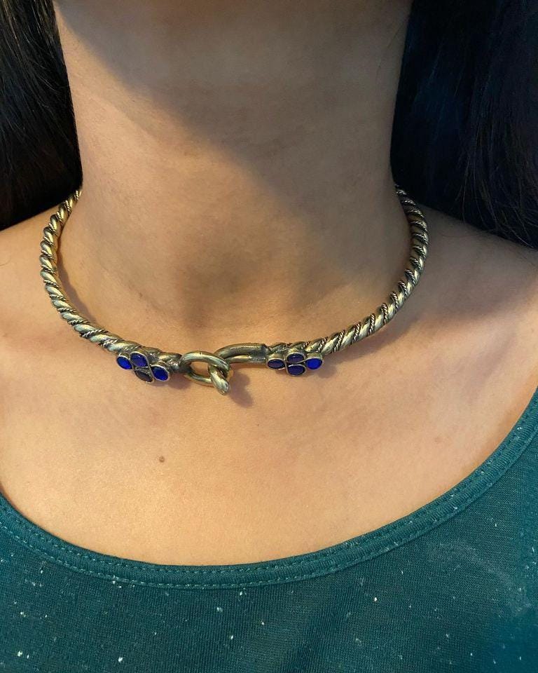 Collier Ancien Torque Articulé En Turquoises – Bijou Vintage Bohème