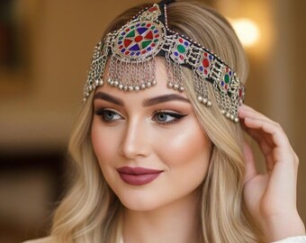 Vintage Turkmen Headpiece, Handmade Kuchi Turkmen Mathpatti, Turkmen Headpiece Vintage Turkman Kuchi Matha Patti: Tribal Headpiece With  main image 2