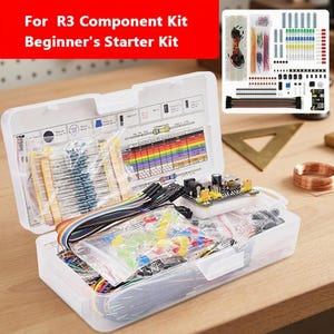 May include: A clear plastic storage box filled with electronic components. The box is open, revealing various wires, resistors, and a small circuit board. Text on the box reads "For R3 Component Kit Beginner's Starter Kit".