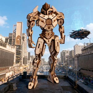Pode incluir: Um grande modelo de robô de madeira se destaca contra um cenário urbano. O modelo é feito de madeira marrom clara com detalhes intrincados, incluindo um design circular no peito. Um veículo futurista paira nas proximidades.