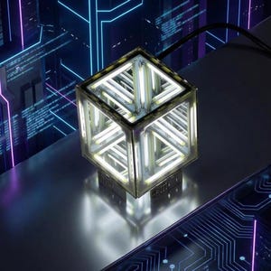 Peut inclure: Lampe cubique futuriste avec intérieur miroir et motifs géométriques lumineux. La lumière blanche vive se détache sur un fond sombre, orné de néons bleus et violets, évoquant un univers technologique.