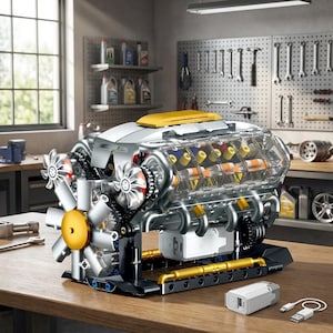 May include: A detailed model of an engine, featuring transparent components revealing internal mechanisms. The model has silver, yellow, and black parts, with a prominent fan and a battery pack. It sits on a wooden surface, suggesting a hobby or educational product.