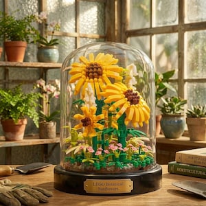 May include: A LEGO Botanical set featuring sunflowers, displayed under a glass cloche. The sunflowers are yellow with brown centers, and the base is black with a gold label that reads "LEGO Botanical: Sunflowers."