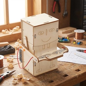 May include: A wooden robot kit with a smiling face, two square teeth, and a tray-like structure for arms. The robot is made of light-colored wood and has visible screws and wiring. It sits on a wooden workbench with tools and wood shavings.