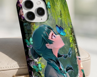 Anime Nature Girl iPhone Case, Fantasy Herbalist Art Cover, Green Floral Phone Protection