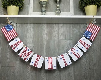 Americana Patriotic America Banner with Red, White and Blue Flags, Artisan Handcrafted Summer Home Decor, July 4th Garland, Summer Mantle