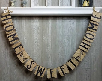 Farmhouse Home Sweet Home Sign Banner, Garland, Distressed, Vintage, Rustic, Cabin, Lakehouse, Home Mantle Decor, Year Round Banner