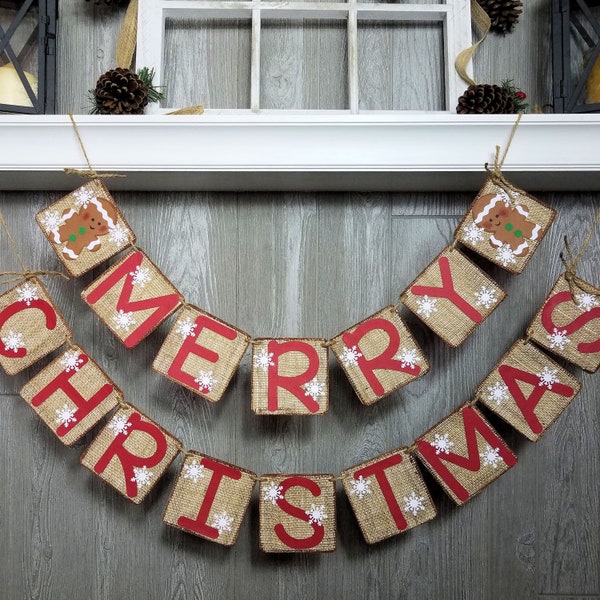 Burlap Merry Christmas with Gingerbread, Banner, Garland, Swag, Bunting, Home Decor for Christmas Mantle