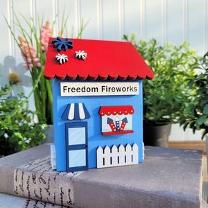 Wooden House, Americana Tier Tray, 4th of July Home Decor, Fireworks Stand, Patriotic Decor, Farmhouse Shelf Sitter