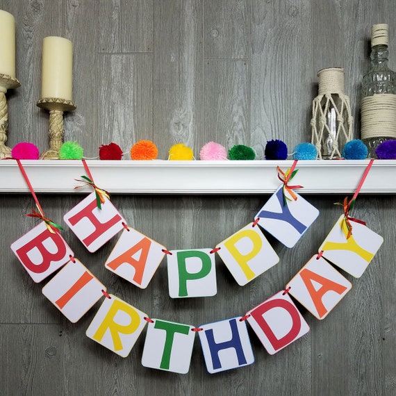 Happy Birthday Banner, Rainbow Colors, Circus Party, Bounce Party, Pool Party, Summer, Kids Party, Primary Crayon Colors, Happy Banner Il_570xn