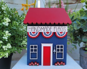 Patriotic Memorial Day Decor, Americana Village for Tier Tray, Small Decorative House, Fouth 4th of July Home Decor, Summer Tier Tray