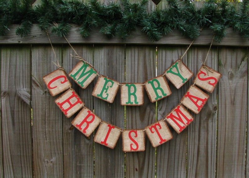 Merry Christmas Burlap Banner, Holiday Mantle Decor, Rustic Christmas, Cabin Decor, Lakehouse Decor image 1